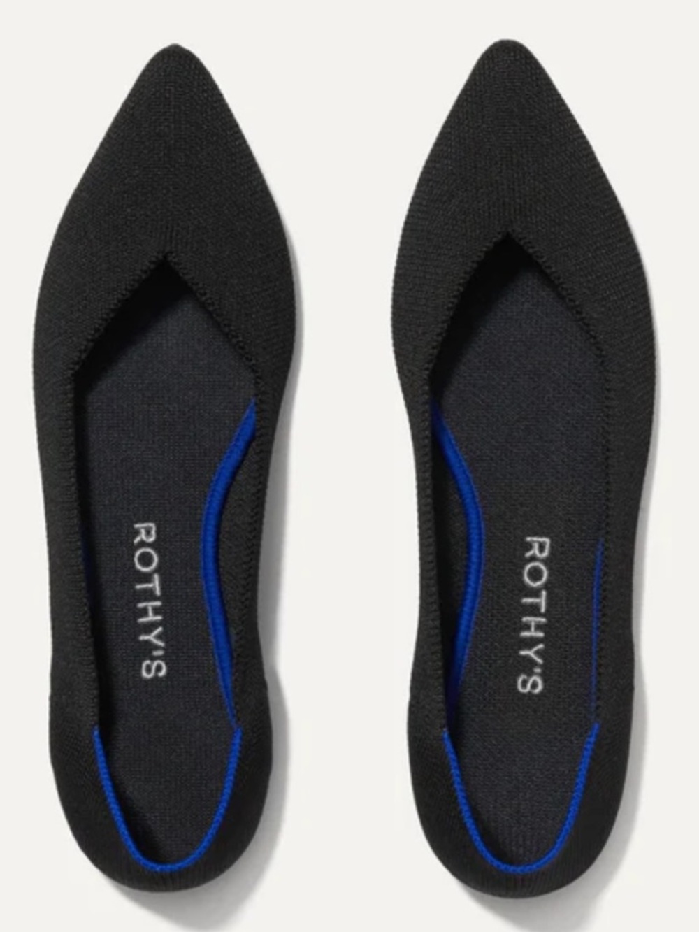 Rothy's Black Pointed Flats with Blue Trim